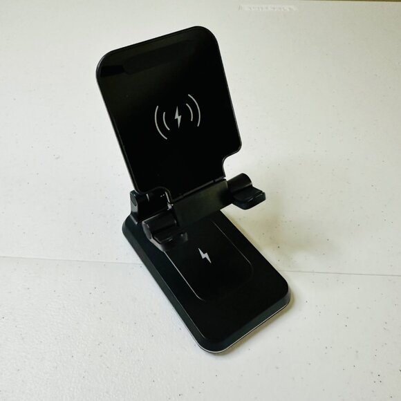 Foldable Wireless Charger Stand For Phones & AirPods Black With Silver Trim - Picture 6 of 9